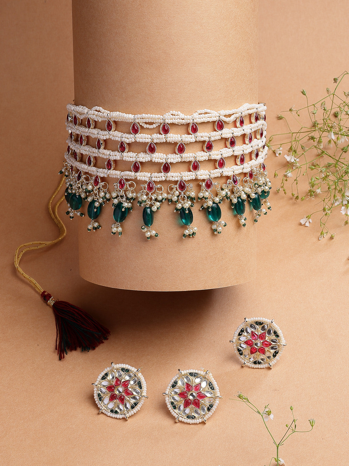 Sukkhi Stylish Traditional Pink Kundan & Green Beads with Gold Plated Choker Necklace & Floral Studs Earring & Ring Jewellery Set for Women & Girls|NS107358