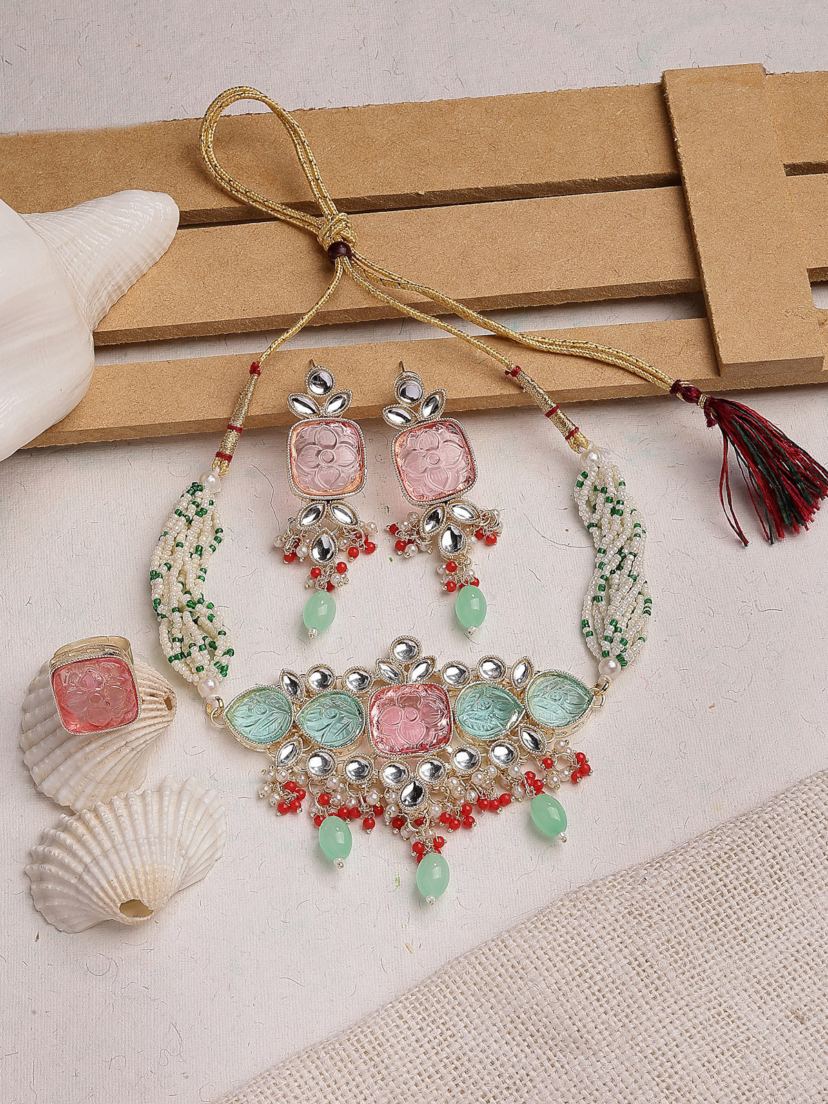 Sukkhi Glamorous Fashion Style Gold Plated Multicolor Stones & Beads Multistrand Beads Kundan Choker Necklace with Drop Earring & Ring Jewellery Set For Women & Girls|NS107359
