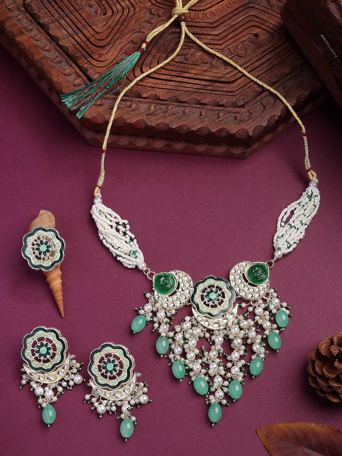 Sukkhi Sparkling Stylish Gold Plated Turquoise Blue & Green Meenakari Cascading Waterfall Beads Multistrand Choker Necklace with Floral Drop Earring & Ring Jewellery Set For Women & Girls|NS107360