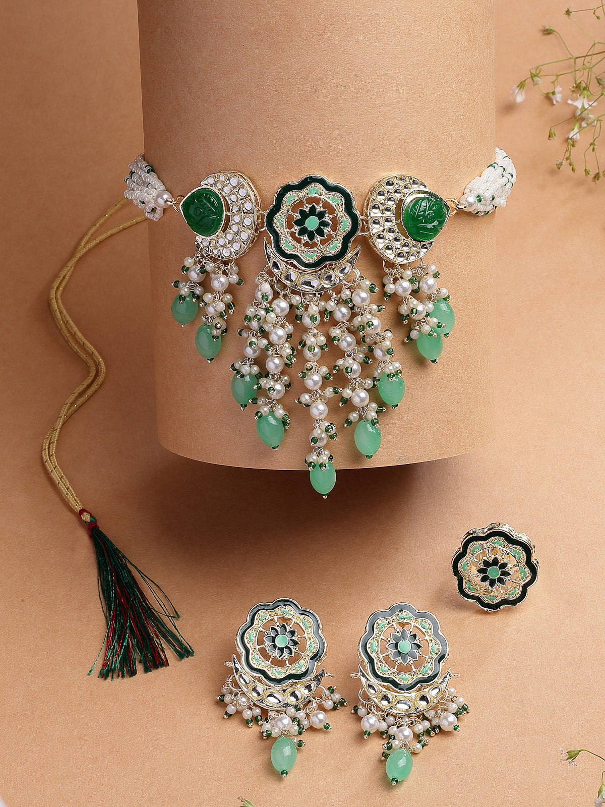 Sukkhi Sparkling Stylish Gold Plated Turquoise Blue & Green Meenakari Cascading Waterfall Beads Multistrand Choker Necklace with Floral Drop Earring & Ring Jewellery Set For Women & Girls|NS107360