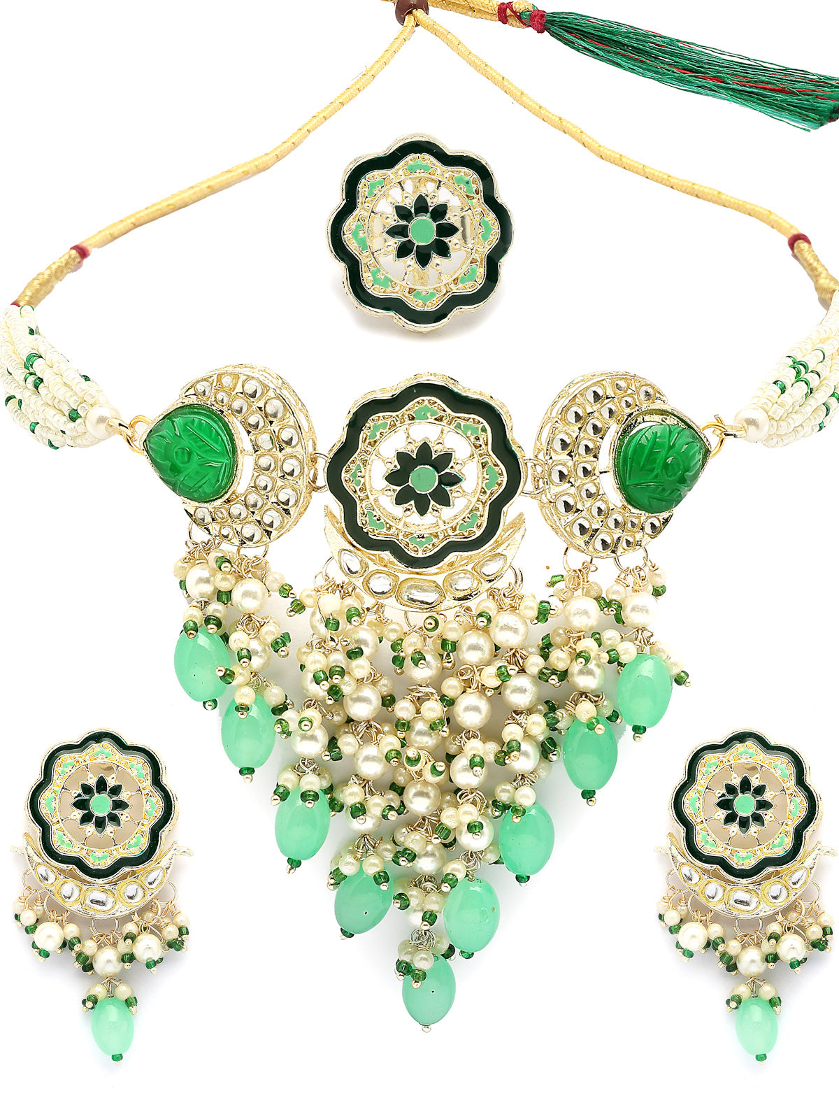 Sukkhi Sparkling Stylish Gold Plated Turquoise Blue & Green Meenakari Cascading Waterfall Beads Multistrand Choker Necklace with Floral Drop Earring & Ring Jewellery Set For Women & Girls|NS107360