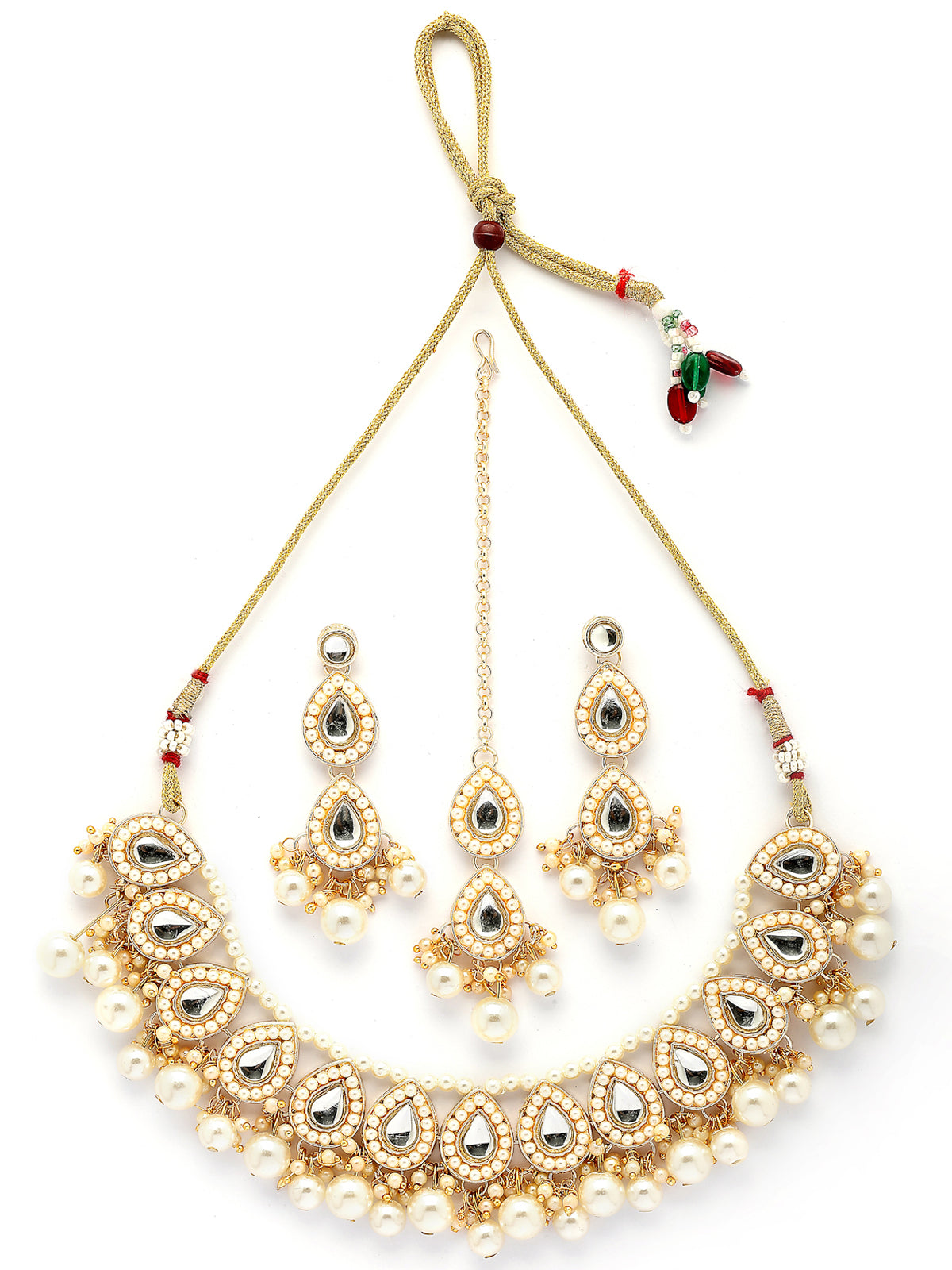 Sukkhi Good Looking Stylish Kundan & Pearls Studded White Choker Necklace with Drop Earring Maangtikka Jewellery Set For Women & Girls|Suited for All Festive Occasions|NS107361