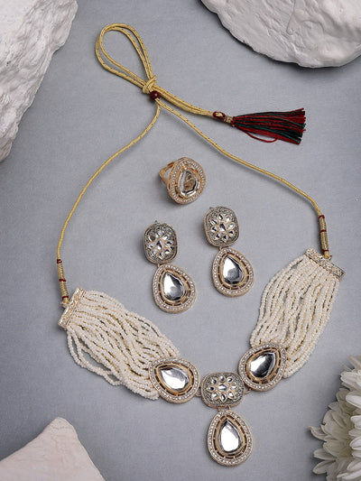 Sukkhi Impressive Gold Tone Plated Beaded Kundan Studded Multistrand White Choker Necklace With Drop Earring Jewellery Set For Women & Girls|NS107362