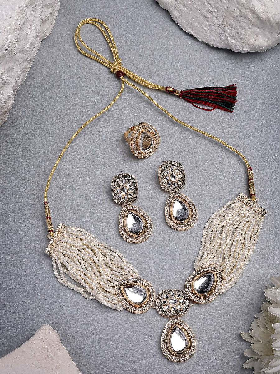 Sukkhi Impressive Gold Tone Plated Beaded Kundan Studded Multistrand White Choker Necklace With Drop Earring Jewellery Set For Women & Girls|NS107362