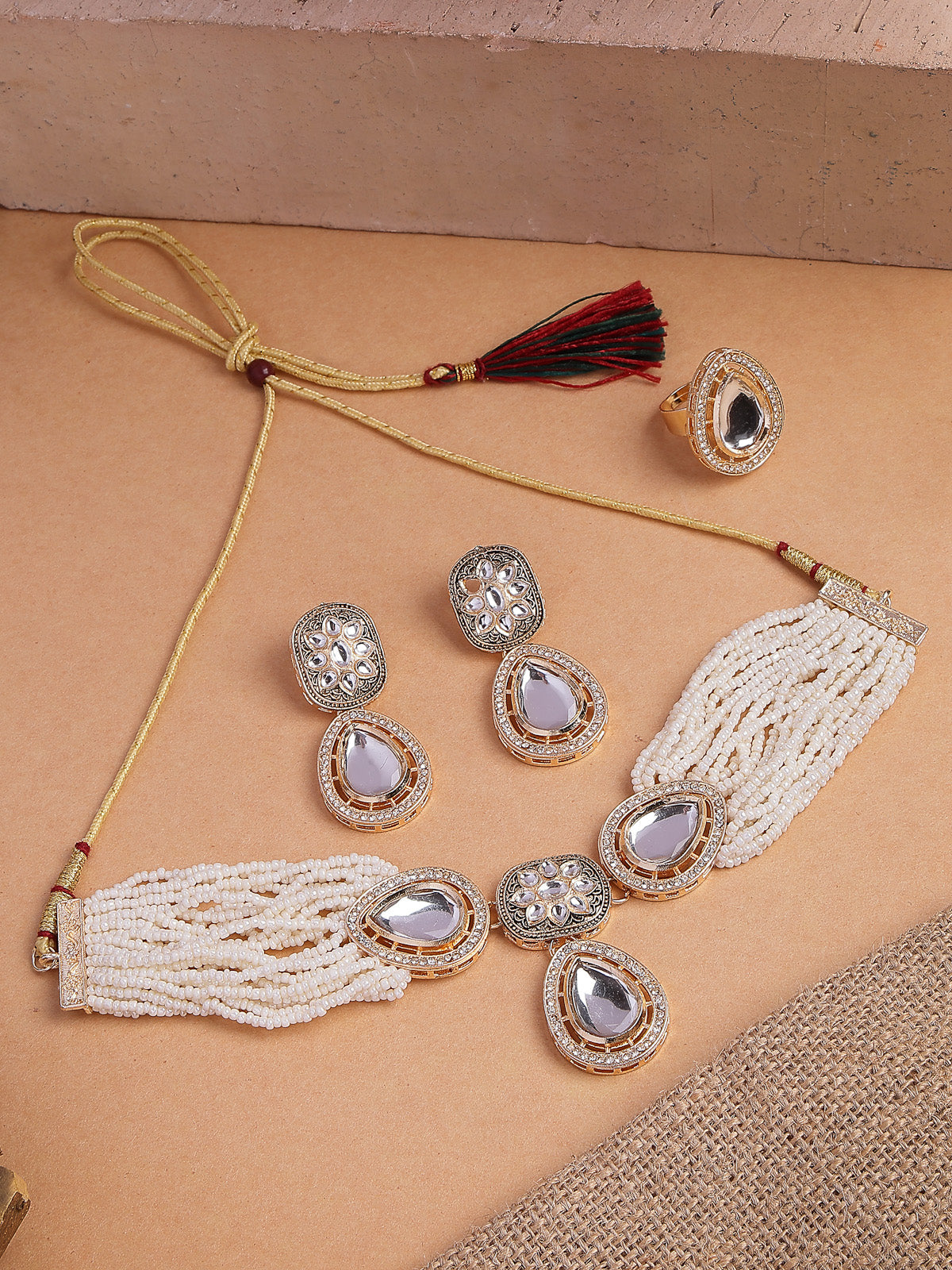 Sukkhi Impressive Gold Tone Plated Beaded Kundan Studded Multistrand White Choker Necklace With Drop Earring Jewellery Set For Women & Girls|NS107362