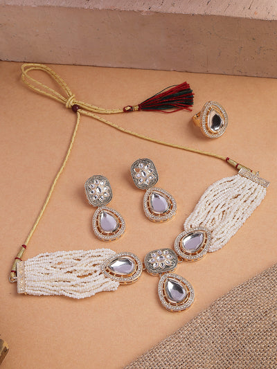Sukkhi Impressive Gold Tone Plated Beaded Kundan Studded Multistrand White Choker Necklace With Drop Earring Jewellery Set For Women & Girls|NS107362