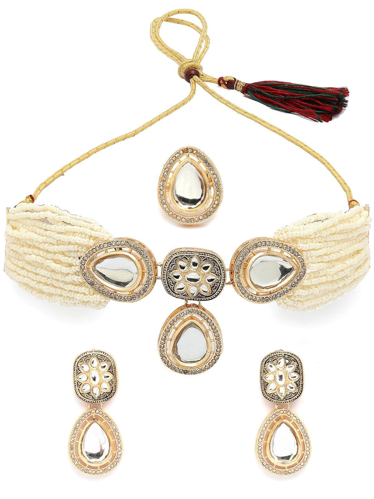 Sukkhi Impressive Gold Tone Plated Beaded Kundan Studded Multistrand White Choker Necklace With Drop Earring Jewellery Set For Women & Girls|NS107362