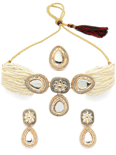 Sukkhi Impressive Gold Tone Plated Beaded Kundan Studded Multistrand White Choker Necklace With Drop Earring Jewellery Set For Women & Girls|NS107362