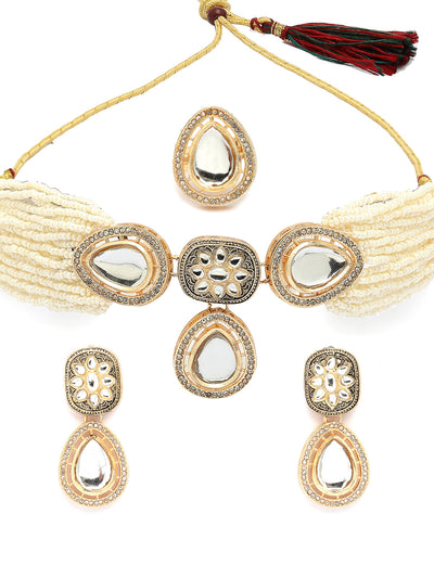 Sukkhi Impressive Gold Tone Plated Beaded Kundan Studded Multistrand White Choker Necklace With Drop Earring Jewellery Set For Women & Girls|NS107362