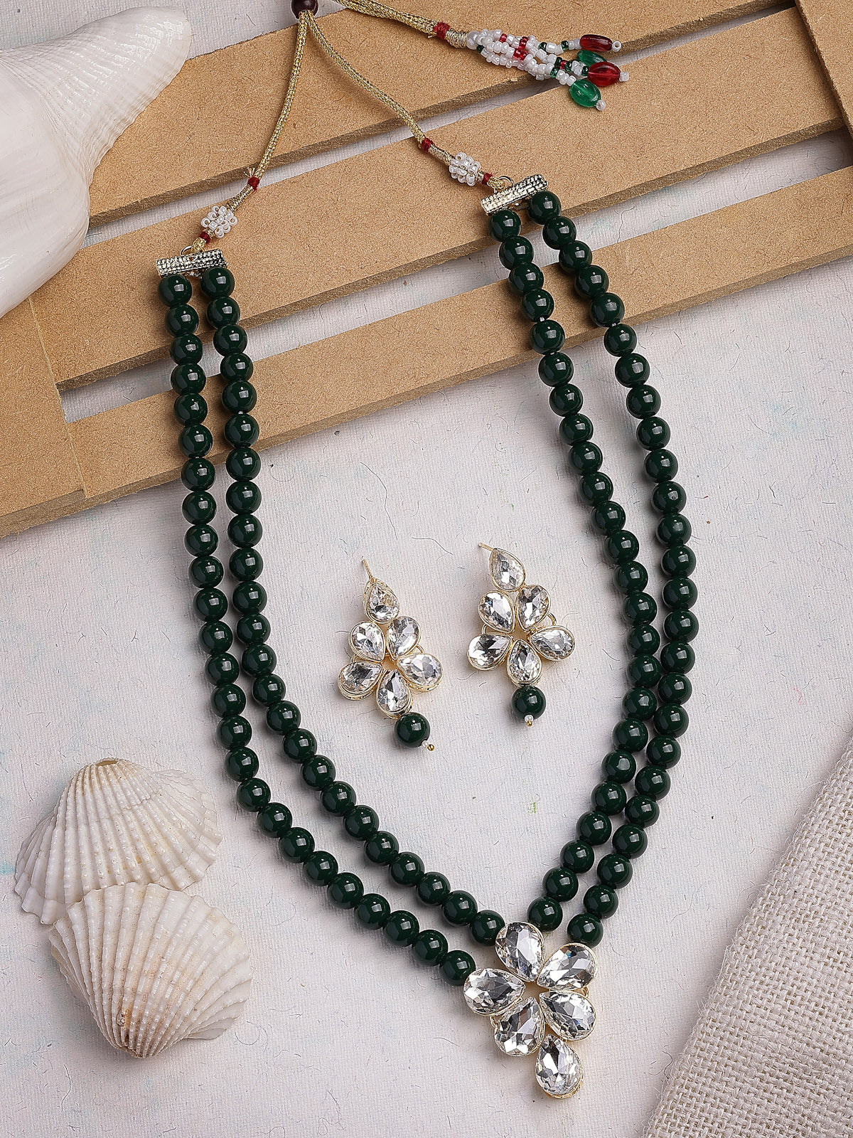 Sukkhi Festive Fashion Gold Plated Faux Beads & Kundan Studded Green Necklace with Drop Earring Jewellery Set for Women & Girls|NS107364