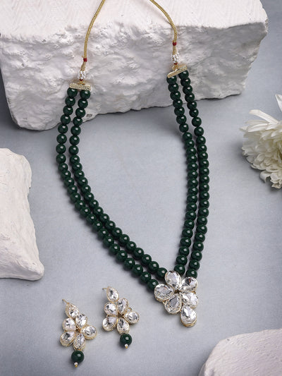 Sukkhi Festive Fashion Gold Plated Faux Beads & Kundan Studded Green Necklace with Drop Earring Jewellery Set for Women & Girls|NS107364