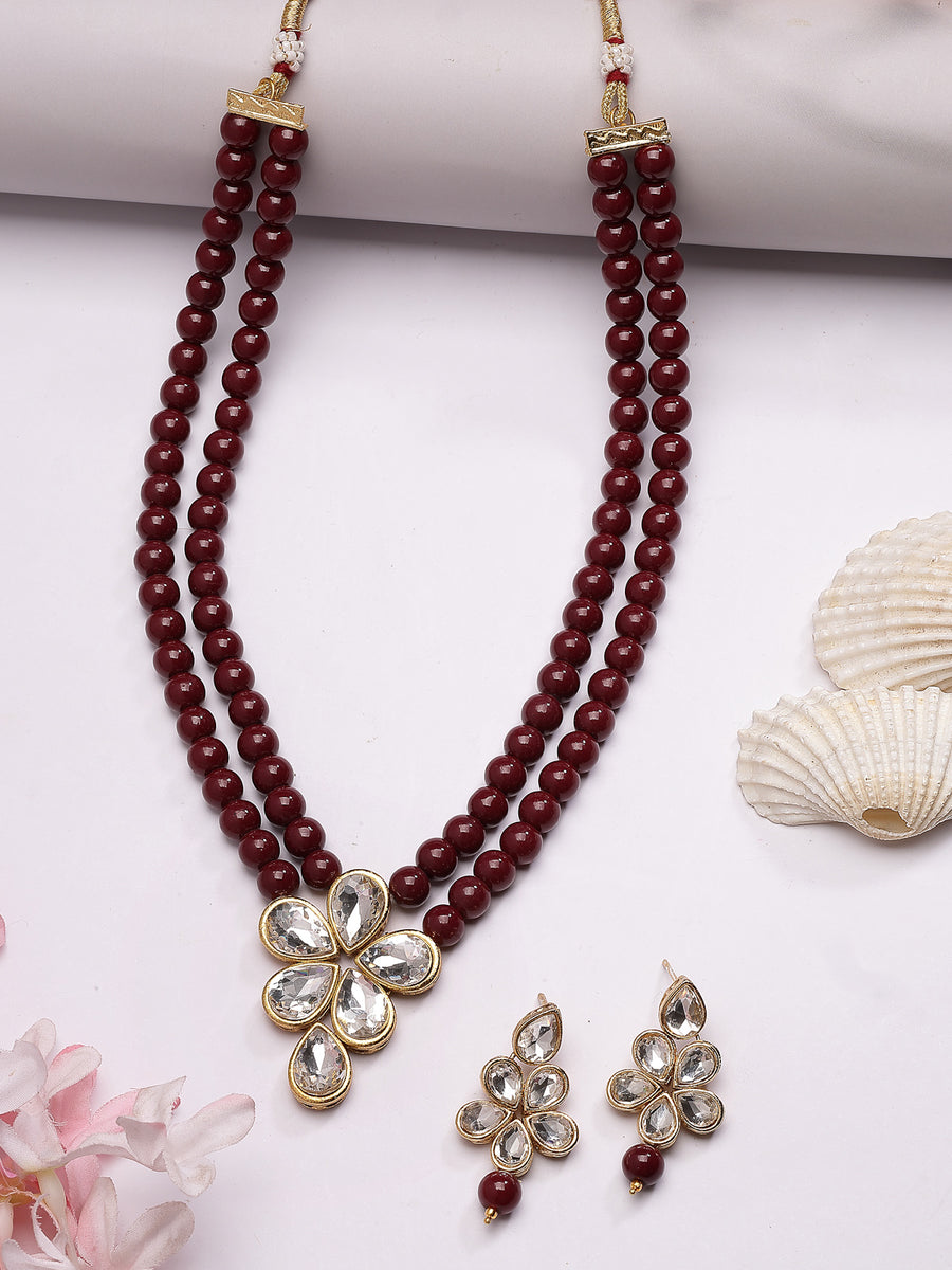 Sukkhi Festive Fashion Gold Plated Faux Beads & Kundan Studded Maroon Necklace with Drop Earring Jewellery Set for Women & Girls|NS107365