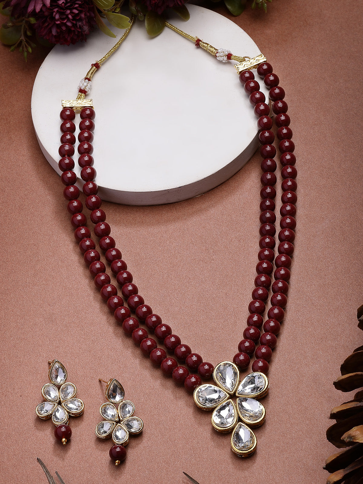 Sukkhi Festive Fashion Gold Plated Faux Beads & Kundan Studded Maroon Necklace with Drop Earring Jewellery Set for Women & Girls|NS107365