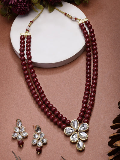 Sukkhi Festive Fashion Gold Plated Faux Beads & Kundan Studded Maroon Necklace with Drop Earring Jewellery Set for Women & Girls|NS107365