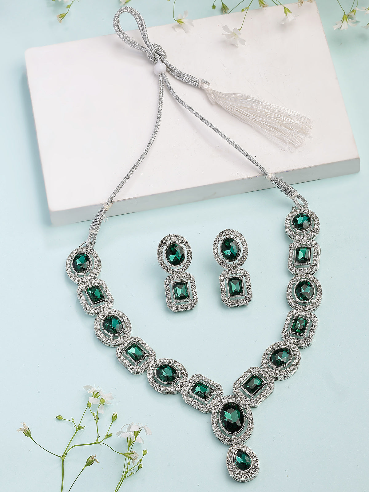 Sukkhi Dazzling Fashionable AD Stone Diamonds Embellished Geometry Shaped Green Choker Necklace with Drop Earrings Jewellery For Women & Girls|NS107367
