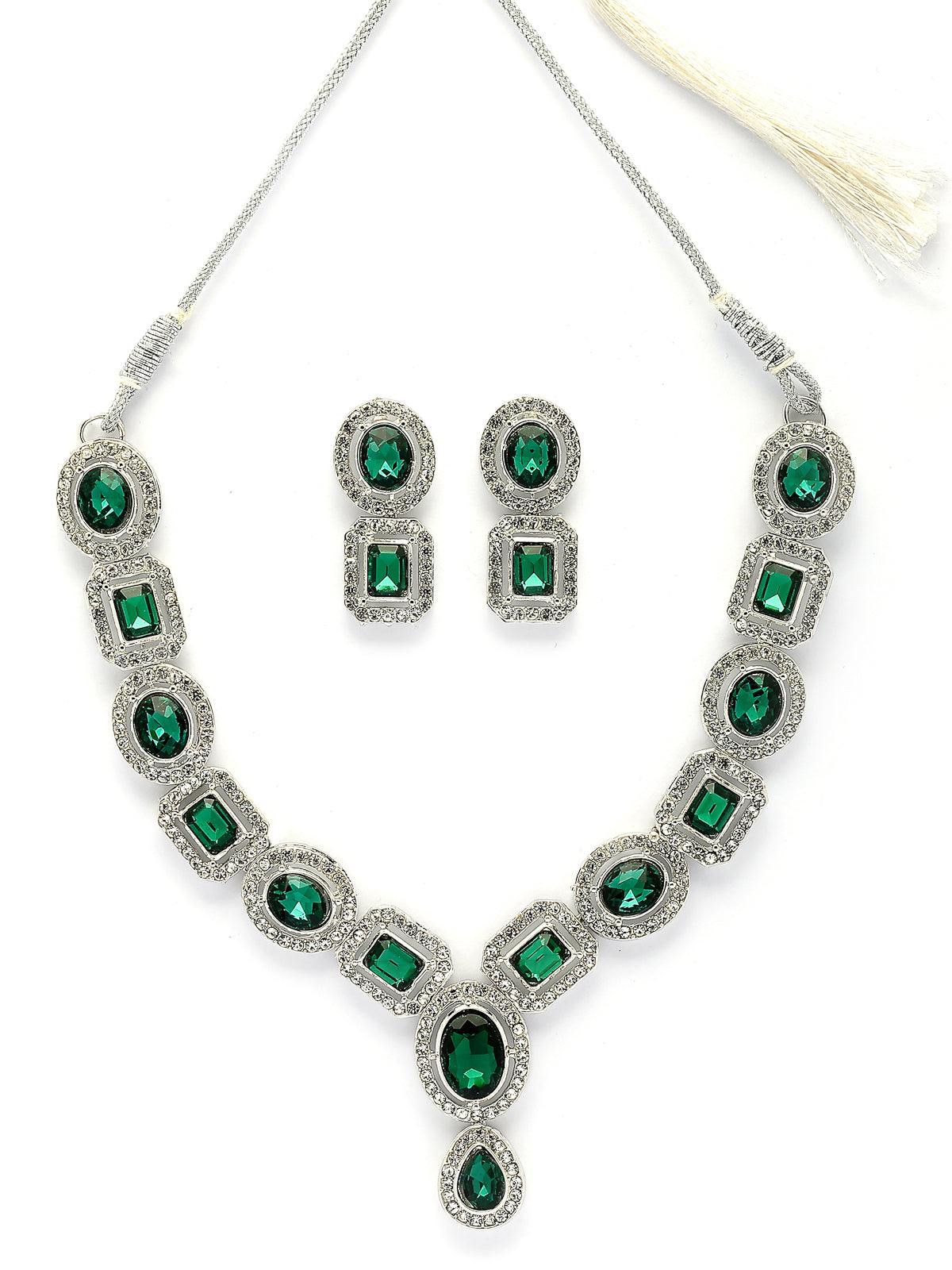 Sukkhi Dazzling Fashionable AD Stone Diamonds Embellished Geometry Shaped Green Choker Necklace with Drop Earrings Jewellery For Women & Girls|NS107367