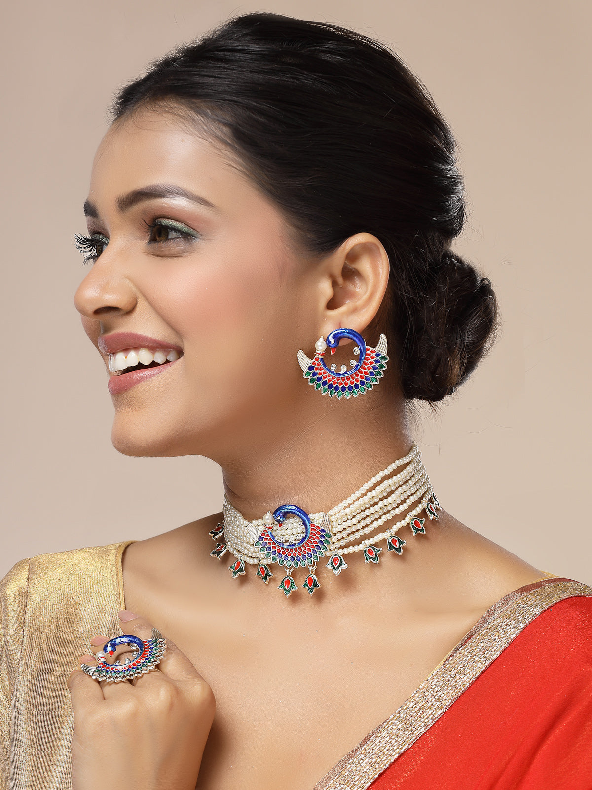 Sukkhi Attractive Stylish Multicolor Meenakari work with Gold Plated Peacock Inspired Multistrand Faux Pearls Choker Necklace with Earring & Ring Jewellery Set For Women & Girls|NS107368