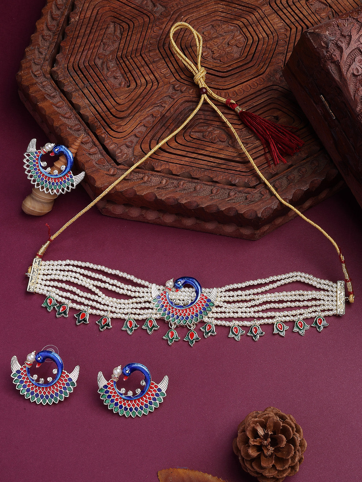 Sukkhi Attractive Stylish Multicolor Meenakari work with Gold Plated Peacock Inspired Multistrand Faux Pearls Choker Necklace with Earring & Ring Jewellery Set For Women & Girls|NS107368