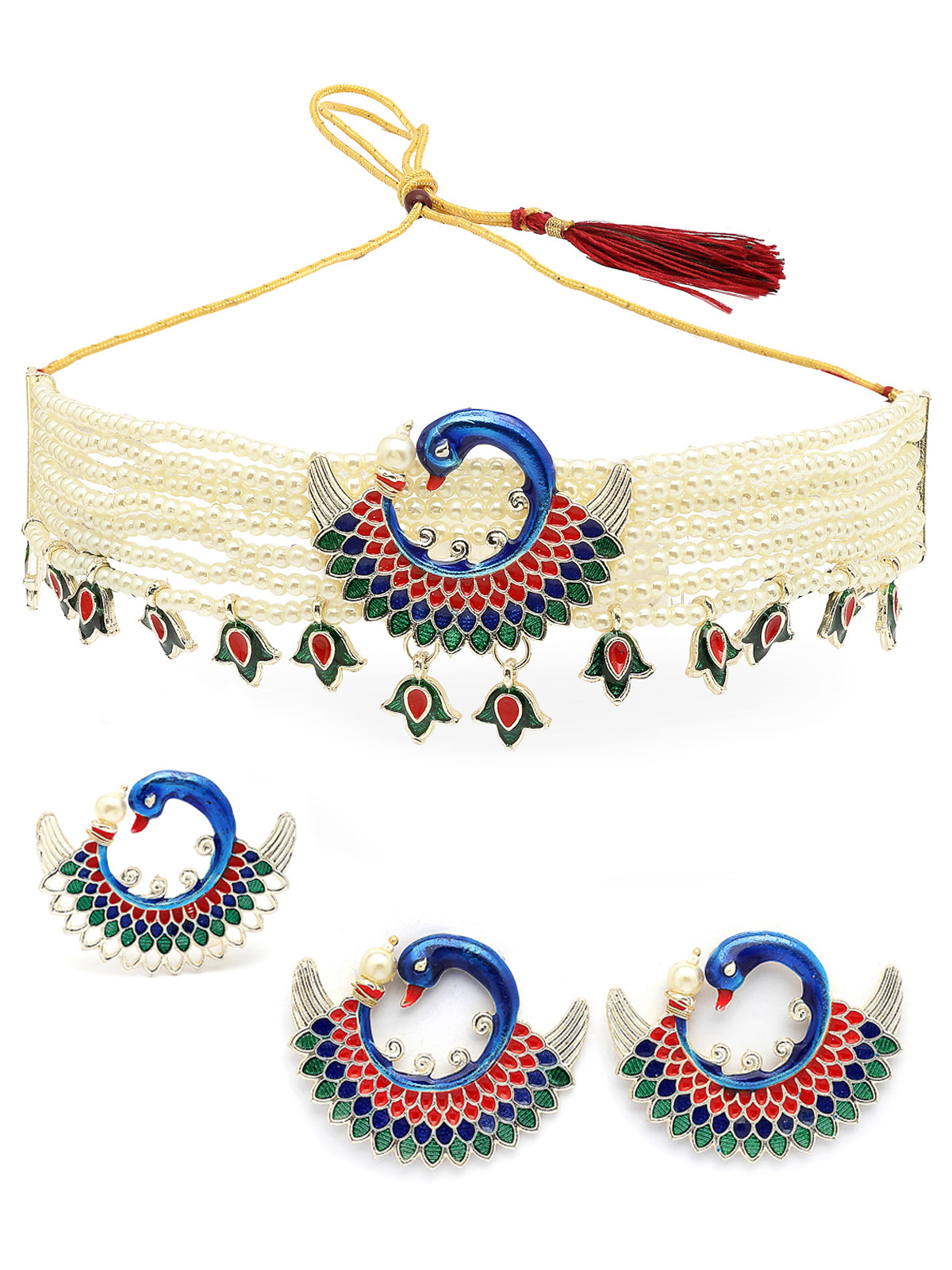 Sukkhi Attractive Stylish Multicolor Meenakari work with Gold Plated Peacock Inspired Multistrand Faux Pearls Choker Necklace with Earring & Ring Jewellery Set For Women & Girls|NS107368