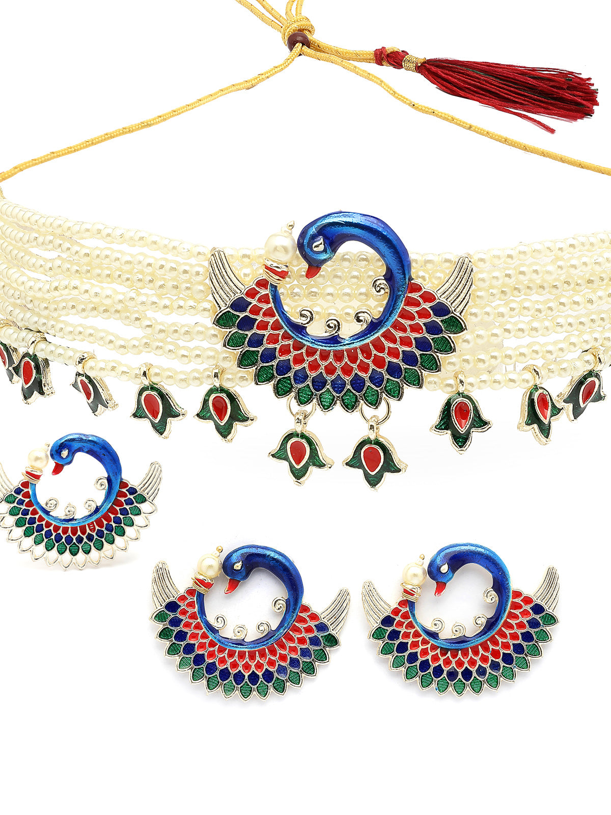 Sukkhi Attractive Stylish Multicolor Meenakari work with Gold Plated Peacock Inspired Multistrand Faux Pearls Choker Necklace with Earring & Ring Jewellery Set For Women & Girls|NS107368