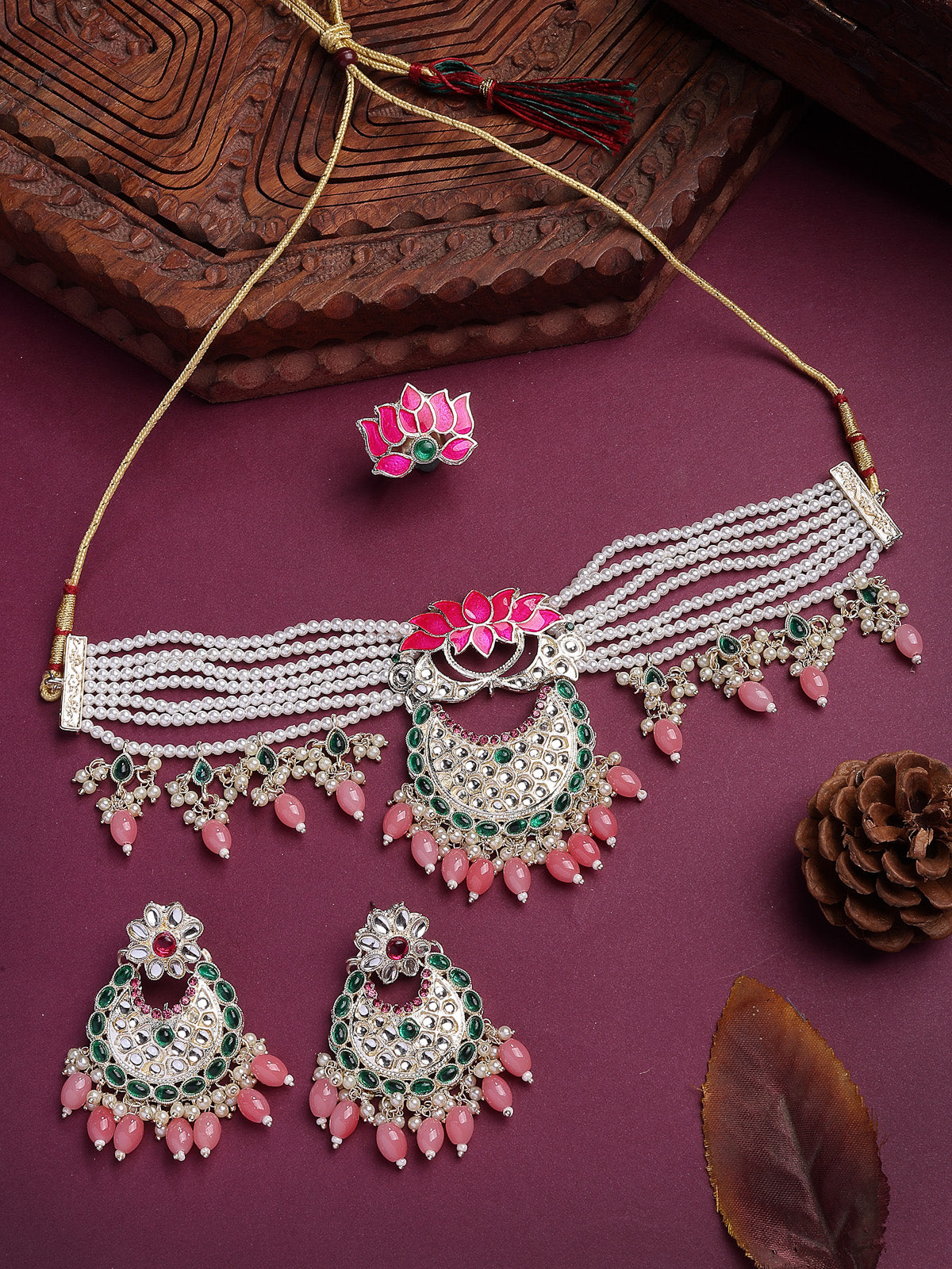 Sukkhi All-Season Fashionable Gold Plated Green & Pink Meenakari Lotus with Multistrand Pearls Choker Necklace Chandbali Earring & Ring Jewellery Set For Women & Girls|NS107369