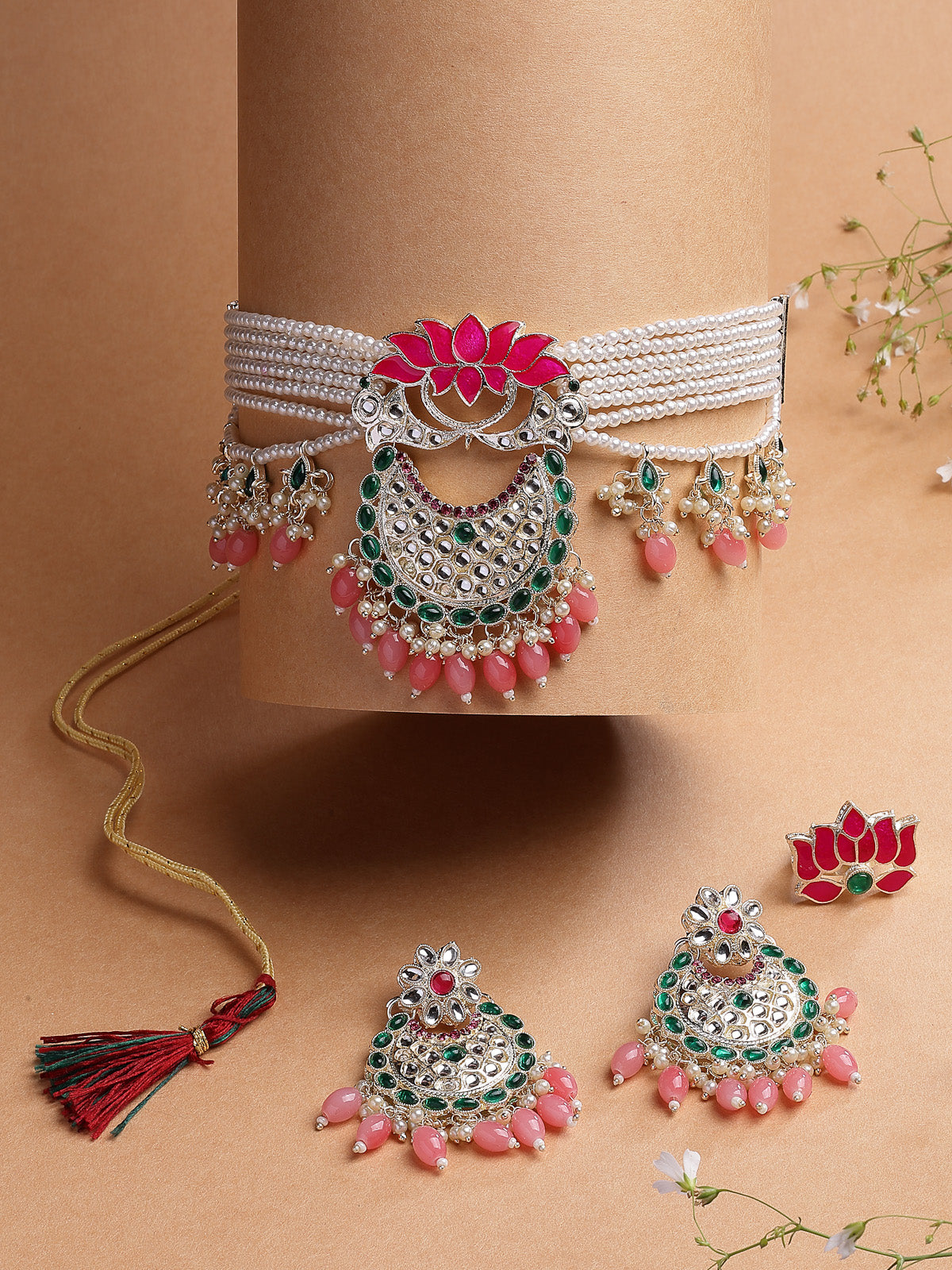 Sukkhi All-Season Fashionable Gold Plated Green & Pink Meenakari Lotus with Multistrand Pearls Choker Necklace Chandbali Earring & Ring Jewellery Set For Women & Girls|NS107369