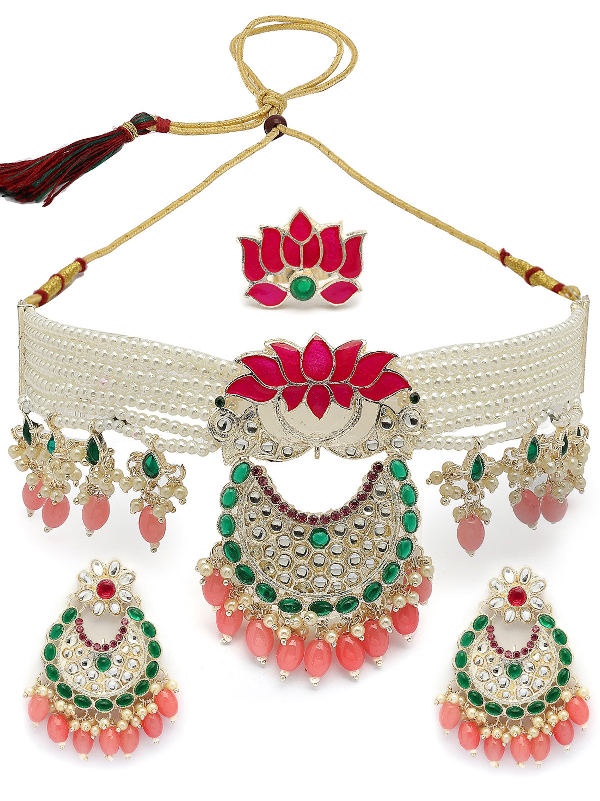Sukkhi All-Season Fashionable Gold Plated Green & Pink Meenakari Lotus with Multistrand Pearls Choker Necklace Chandbali Earring & Ring Jewellery Set For Women & Girls|NS107369