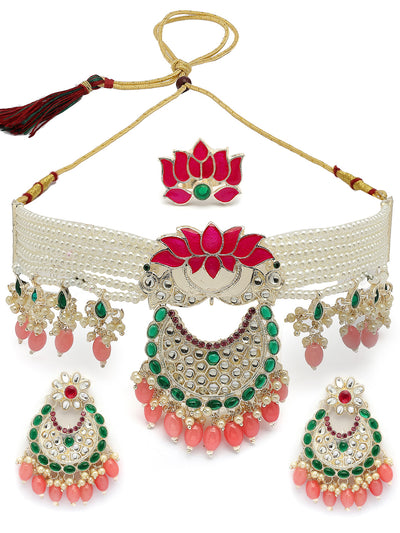 Sukkhi All-Season Fashionable Gold Plated Green & Pink Meenakari Lotus with Multistrand Pearls Choker Necklace Chandbali Earring & Ring Jewellery Set For Women & Girls|NS107369