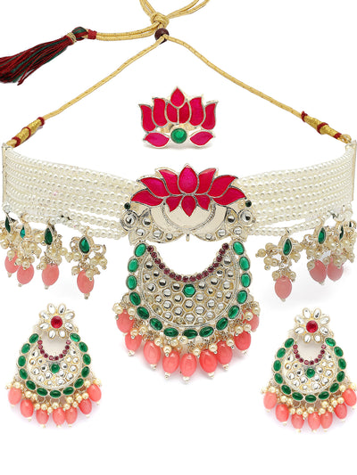 Sukkhi All-Season Fashionable Gold Plated Green & Pink Meenakari Lotus with Multistrand Pearls Choker Necklace Chandbali Earring & Ring Jewellery Set For Women & Girls|NS107369