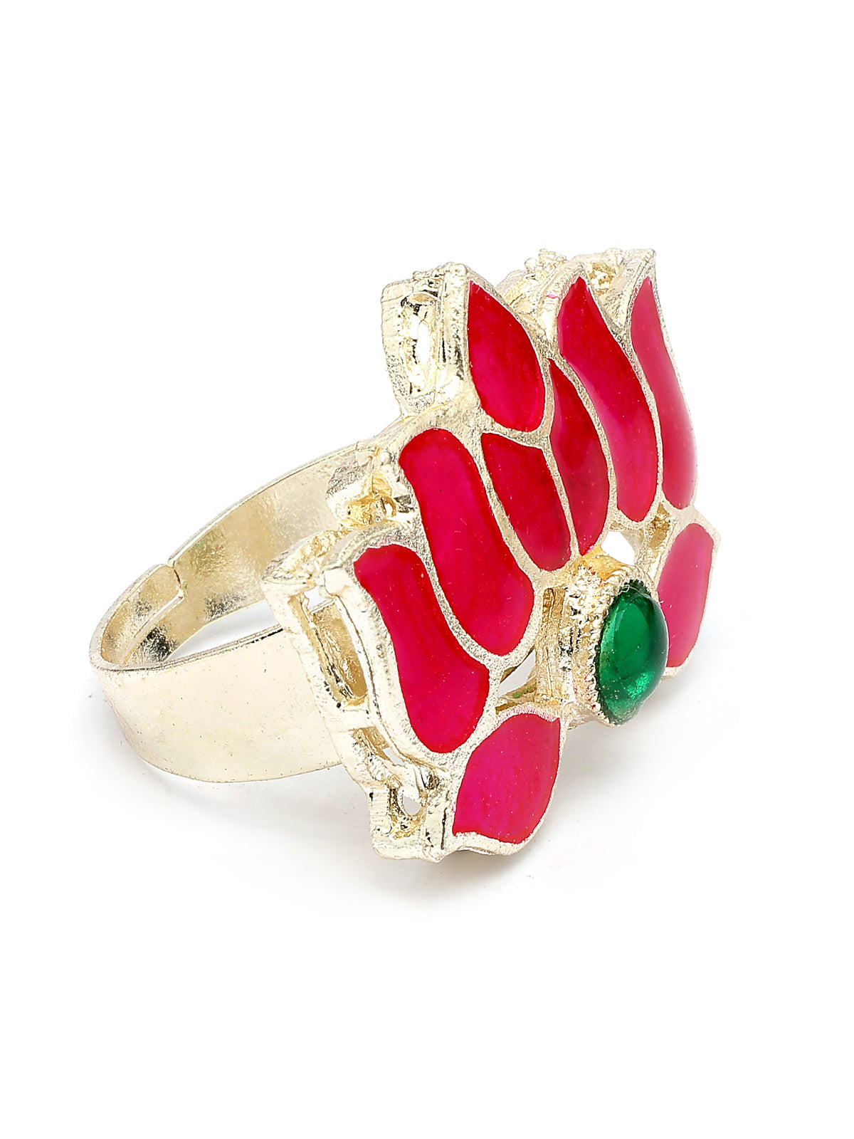 Sukkhi All-Season Fashionable Gold Plated Green & Pink Meenakari Lotus with Multistrand Pearls Choker Necklace Chandbali Earring & Ring Jewellery Set For Women & Girls|NS107369