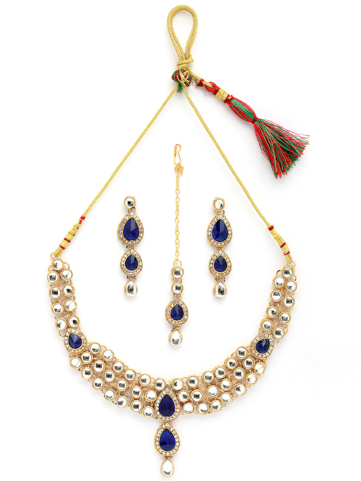 Sukkhi Elegant Stylish Gold Plated Kundan Studded Blue Choker Necklace with Drop Earring Maangtikka Jewellery Set for Women & Girls|NS107370