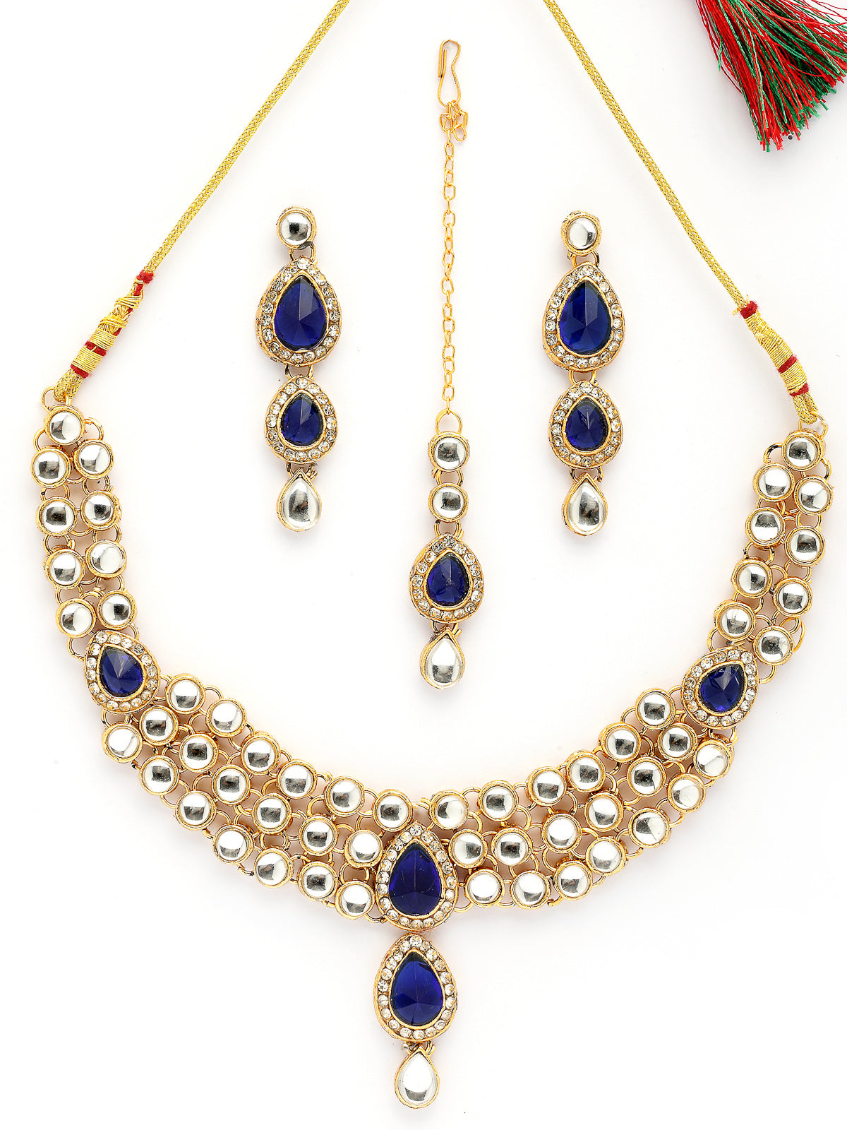 Sukkhi Elegant Stylish Gold Plated Kundan Studded Blue Choker Necklace with Drop Earring Maangtikka Jewellery Set for Women & Girls|NS107370
