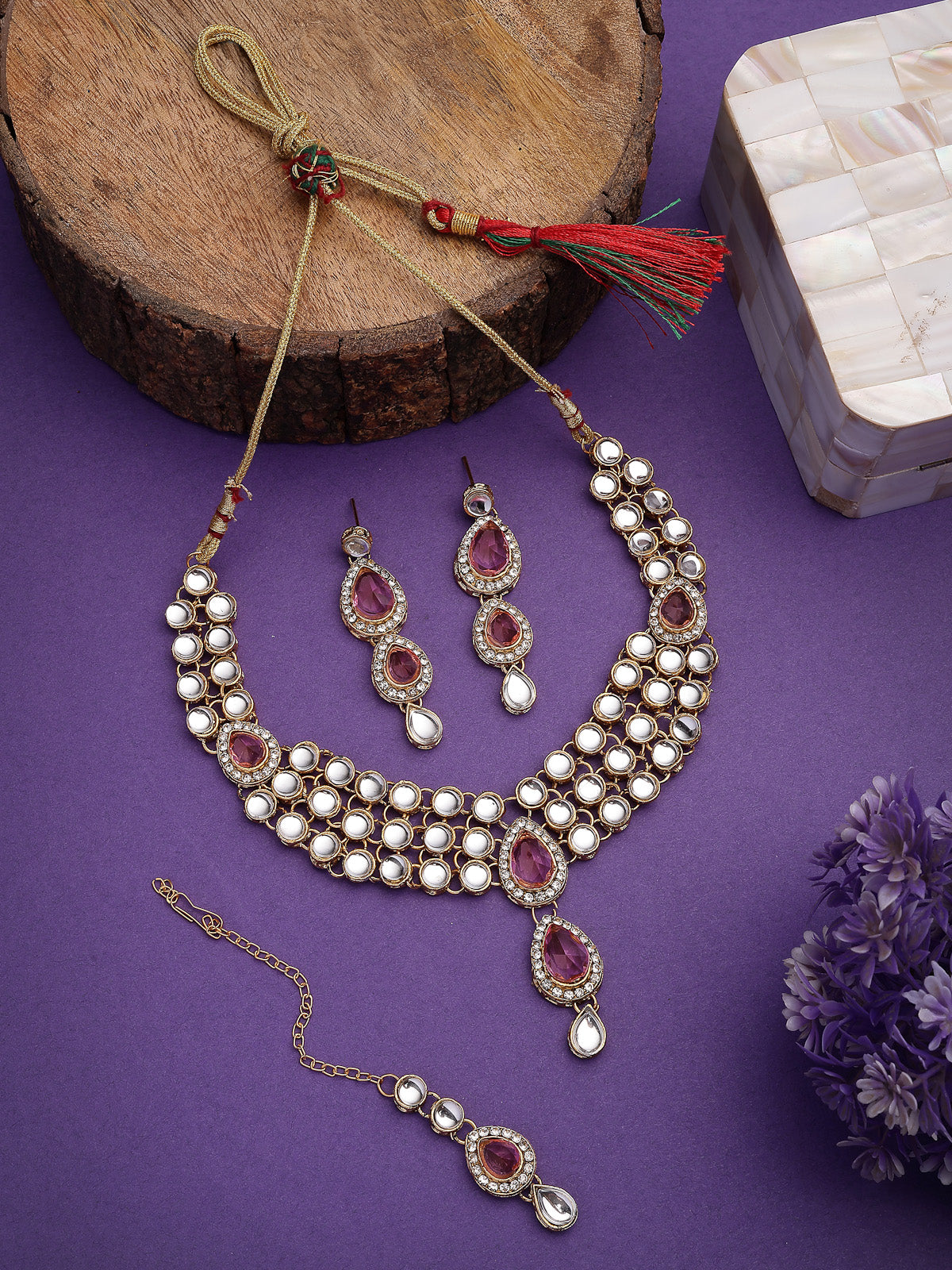 Sukkhi Elegant Stylish Gold Plated Kundan Studded Pink Choker Necklace with Drop Earring Maangtikka Jewellery Set for Women & Girls|NS107371