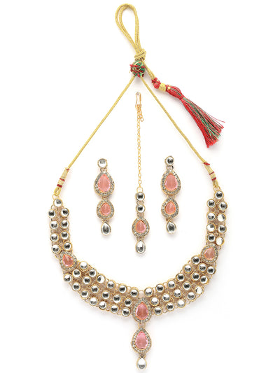 Sukkhi Elegant Stylish Gold Plated Kundan Studded Pink Choker Necklace with Drop Earring Maangtikka Jewellery Set for Women & Girls|NS107371