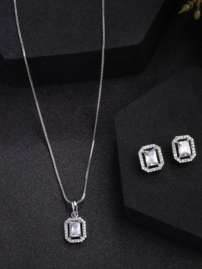 Sukkhi Most Beautiful Stylish Rhodium Plated Silver Toned White Cubic Zirconia Studded Pendant with Chain & Studs Earrings Jewellery Set for Women & Girls |NS107372