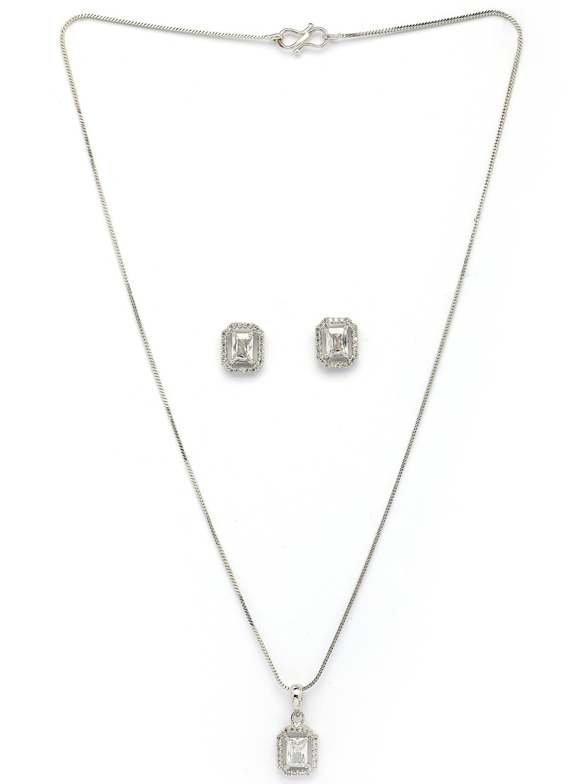 Sukkhi Most Beautiful Stylish Rhodium Plated Silver Toned White Cubic Zirconia Studded Pendant with Chain & Studs Earrings Jewellery Set for Women & Girls |NS107372