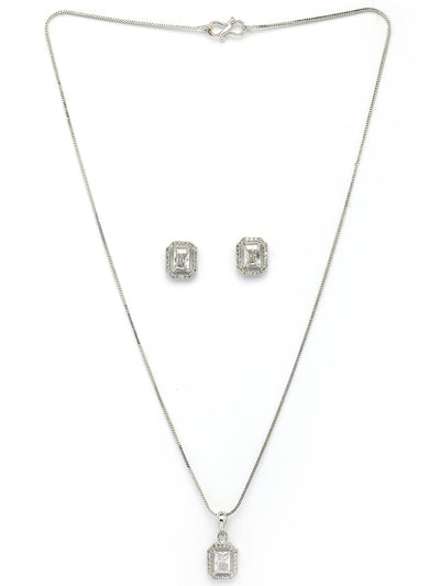 Sukkhi Most Beautiful Stylish Rhodium Plated Silver Toned White Cubic Zirconia Studded Pendant with Chain & Studs Earrings Jewellery Set for Women & Girls |NS107372