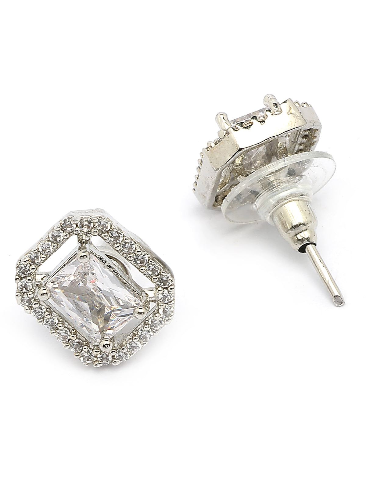 Sukkhi Most Beautiful Stylish Rhodium Plated Silver Toned White Cubic Zirconia Studded Pendant with Chain & Studs Earrings Jewellery Set for Women & Girls |NS107372