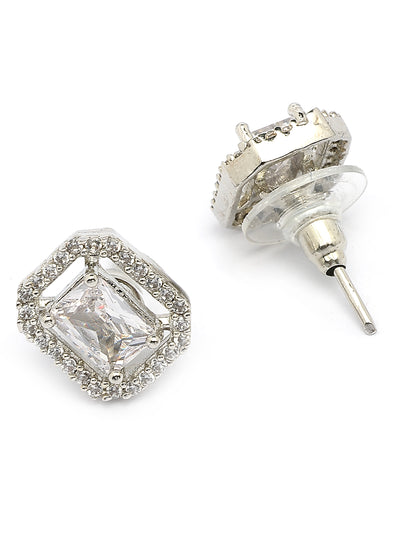 Sukkhi Most Beautiful Stylish Rhodium Plated Silver Toned White Cubic Zirconia Studded Pendant with Chain & Studs Earrings Jewellery Set for Women & Girls |NS107372