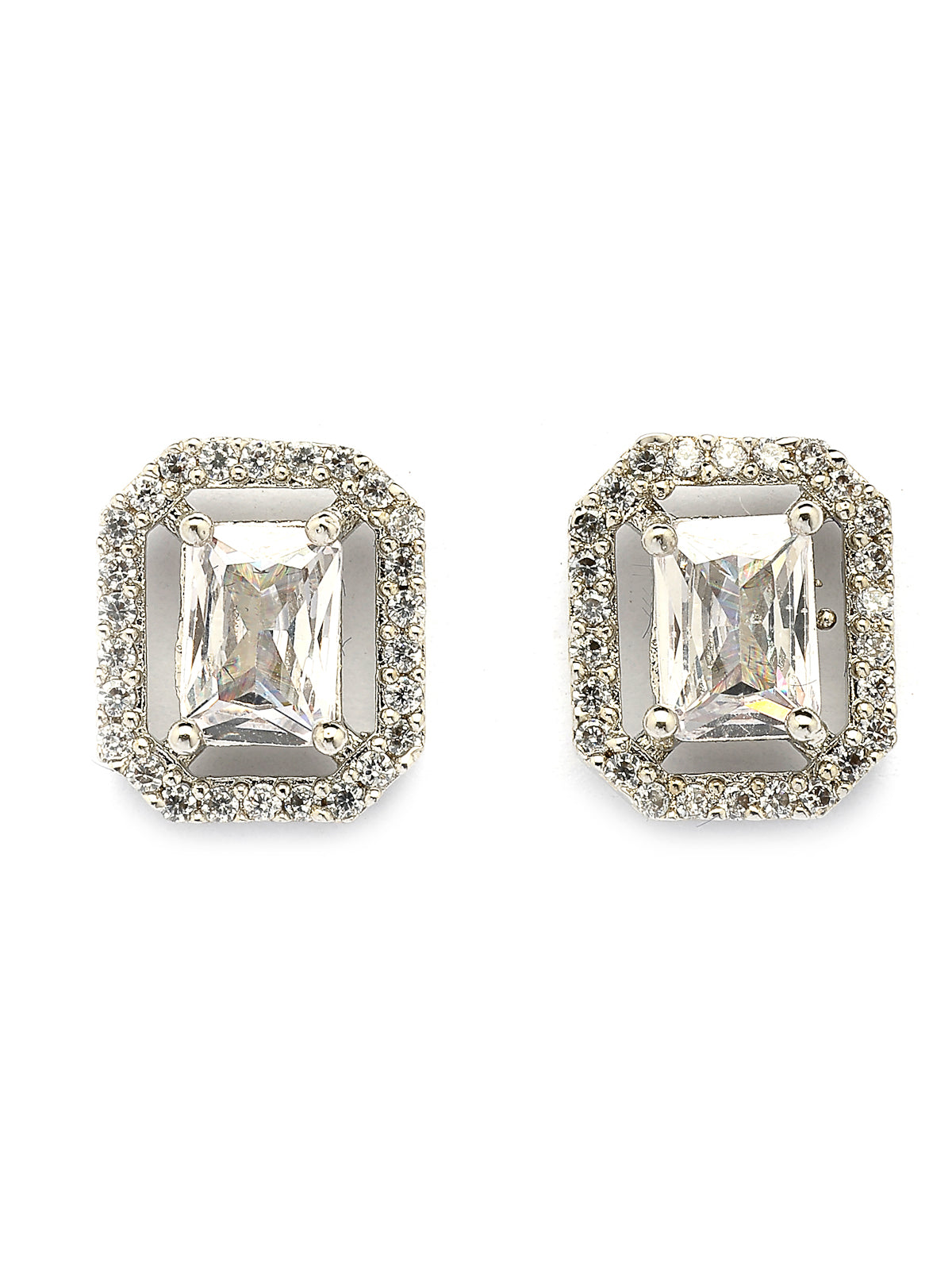 Sukkhi Most Beautiful Stylish Rhodium Plated Silver Toned White Cubic Zirconia Studded Pendant with Chain & Studs Earrings Jewellery Set for Women & Girls |NS107372