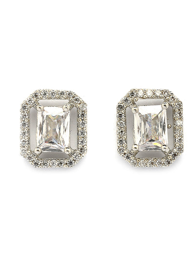 Sukkhi Most Beautiful Stylish Rhodium Plated Silver Toned White Cubic Zirconia Studded Pendant with Chain & Studs Earrings Jewellery Set for Women & Girls |NS107372