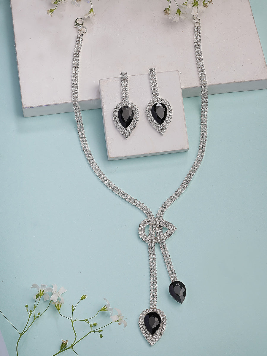 Sukkhi Sparkling Fashionable Rhodium Plated Silver AD Stone Diamond Studded Choker Necklace with Drop Earring Jewellery Set for Women & Girls| Perfect for All Festive Occasions|NS107373