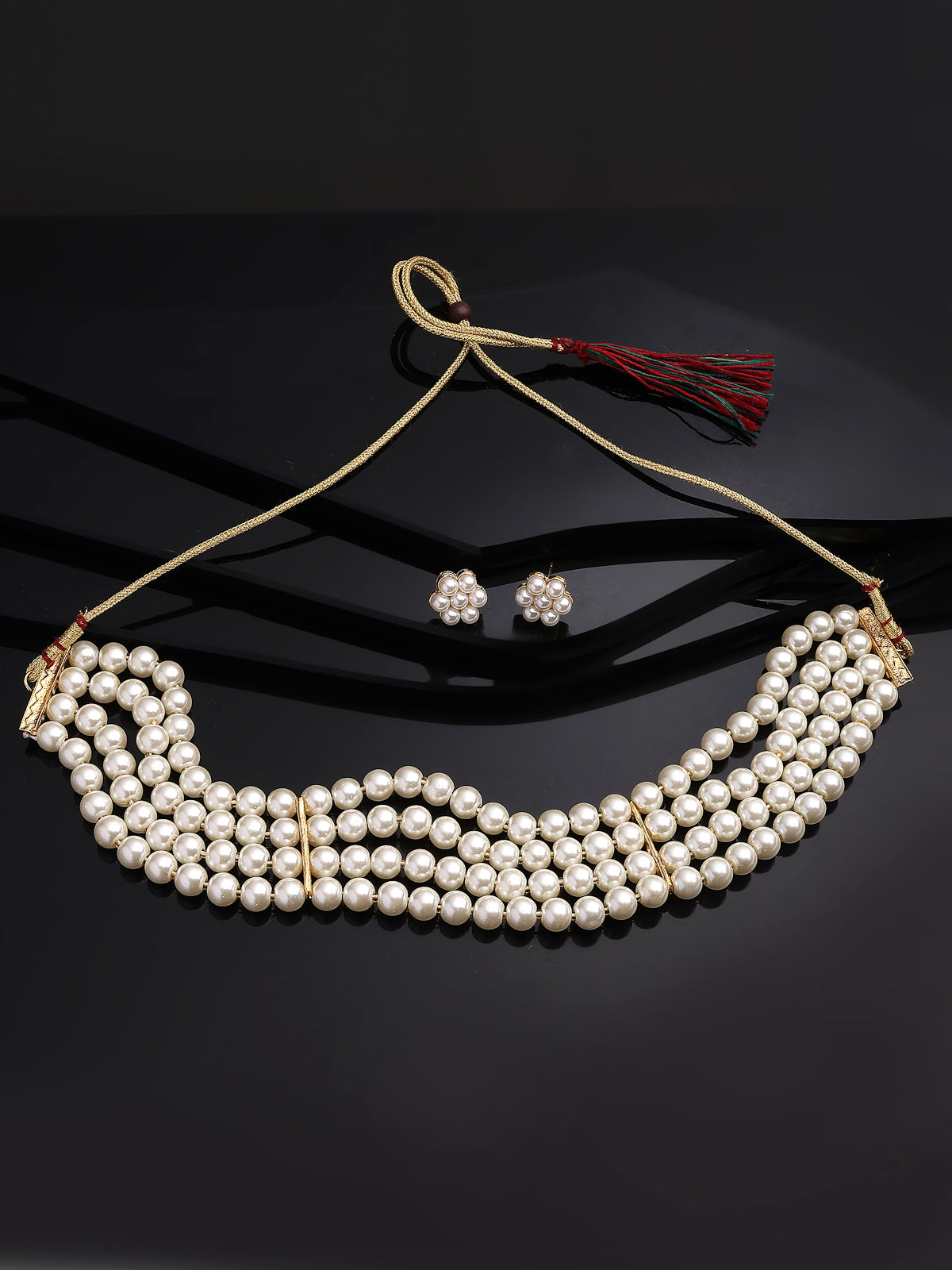 Sukkhi Decent Western & Traditional Fashion Style Faux Pearls Choker Necklace with Floral Studs Earring Jewellery Set For Women & Girls|NS107374