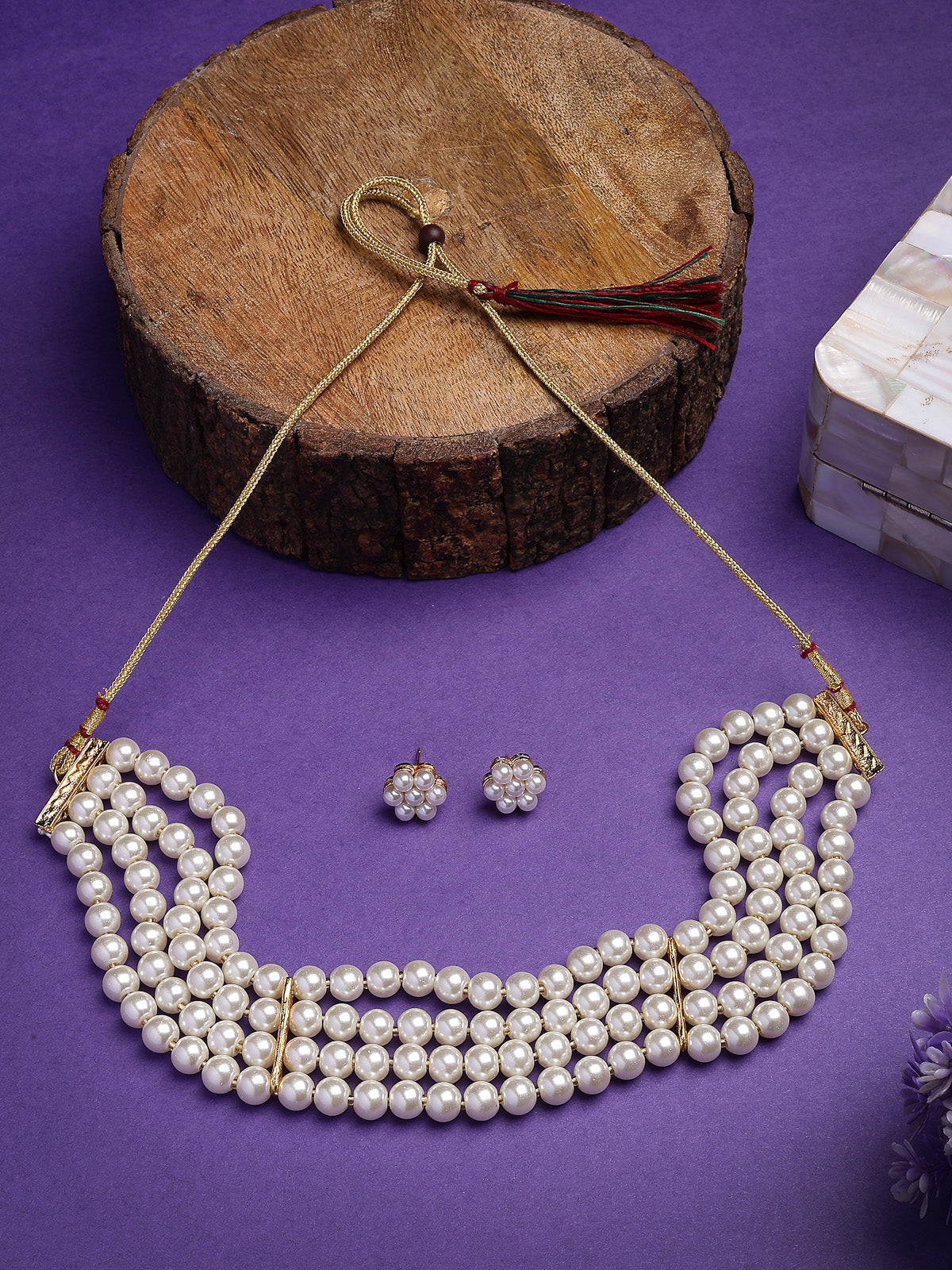 Sukkhi Decent Western & Traditional Fashion Style Faux Pearls Choker Necklace with Floral Studs Earring Jewellery Set For Women & Girls|NS107374