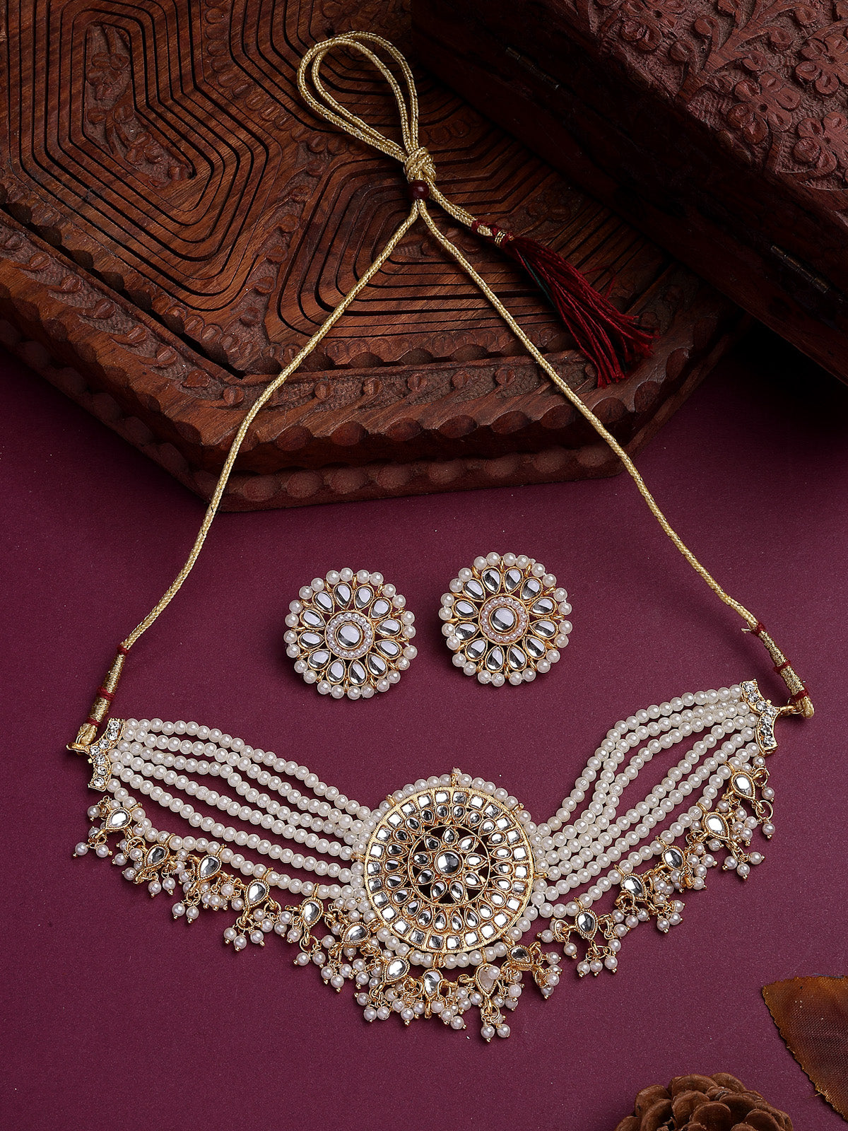 Sukkhi Classic Traditional Gold Tone Plated Kundan Studded Multistrand White Pearls Choker Necklace with Studs Earrings Jewellery Set For Women & Girls |NS107376