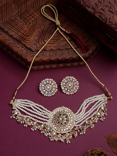 Sukkhi Classic Traditional Gold Tone Plated Kundan Studded Multistrand White Pearls Choker Necklace with Studs Earrings Jewellery Set For Women & Girls |NS107376
