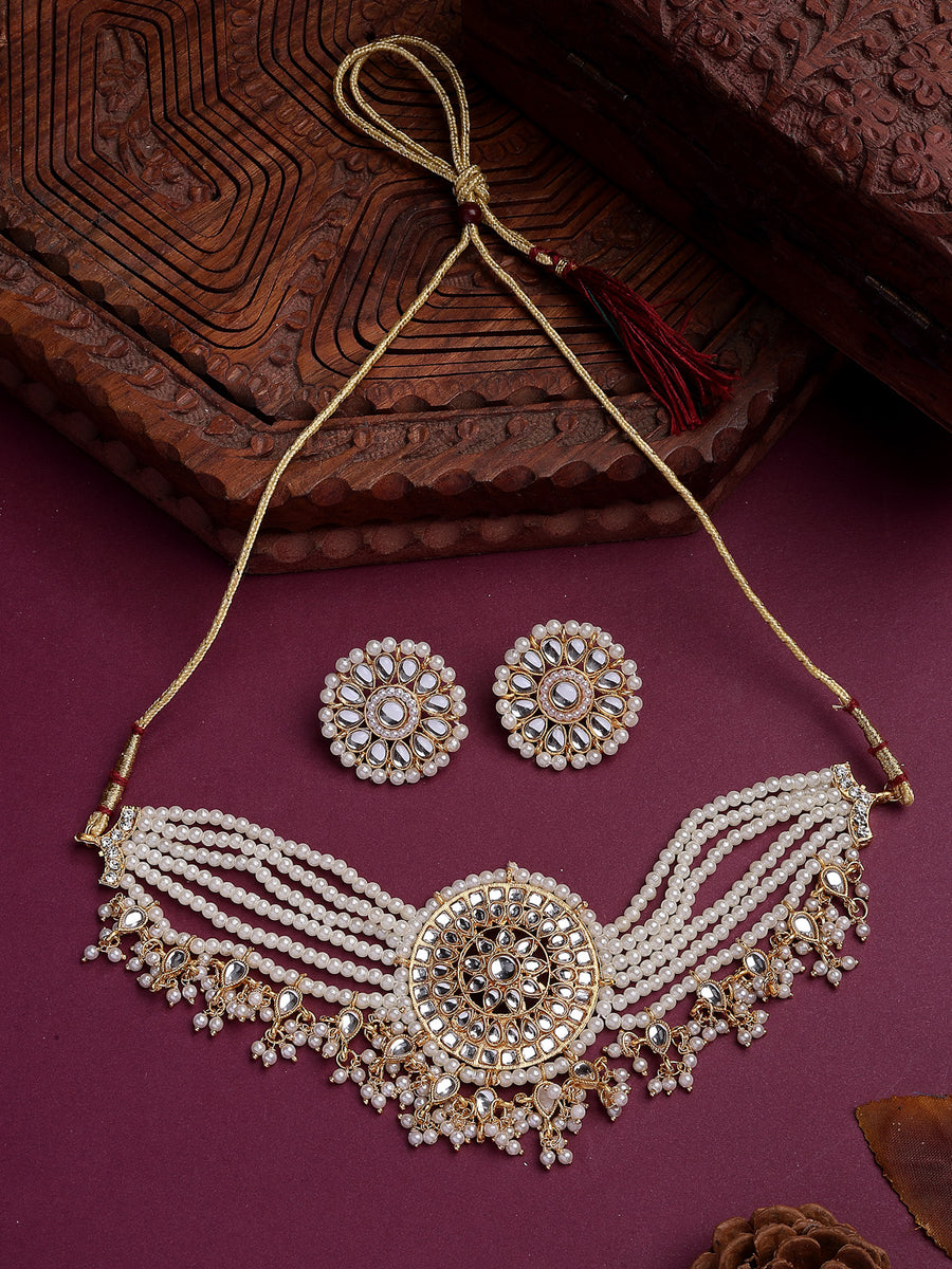 Sukkhi Classic Traditional Gold Tone Plated Kundan Studded Multistrand White Pearls Choker Necklace with Studs Earrings Jewellery Set For Women & Girls |NS107376