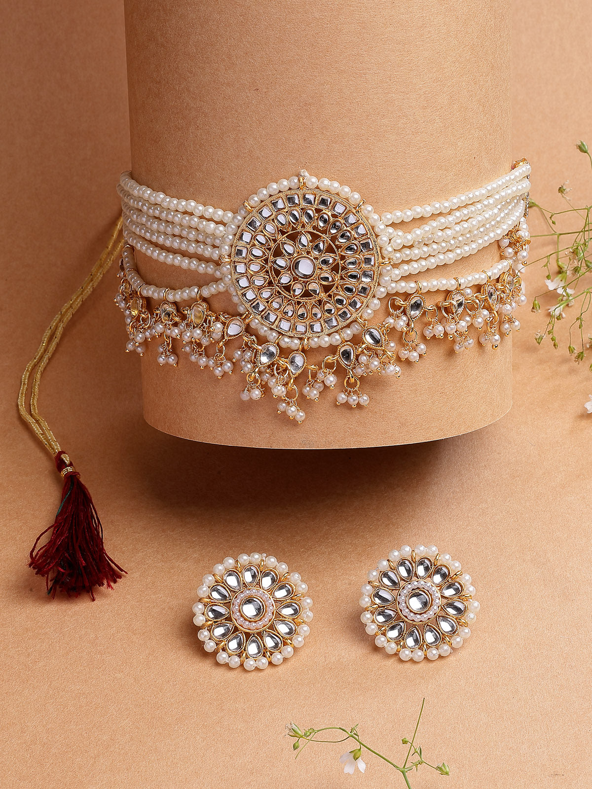 Sukkhi Classic Traditional Gold Tone Plated Kundan Studded Multistrand White Pearls Choker Necklace with Studs Earrings Jewellery Set For Women & Girls |NS107376