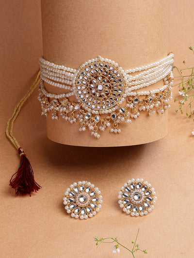 Sukkhi Classic Traditional Gold Tone Plated Kundan Studded Multistrand White Pearls Choker Necklace with Studs Earrings Jewellery Set For Women & Girls |NS107376