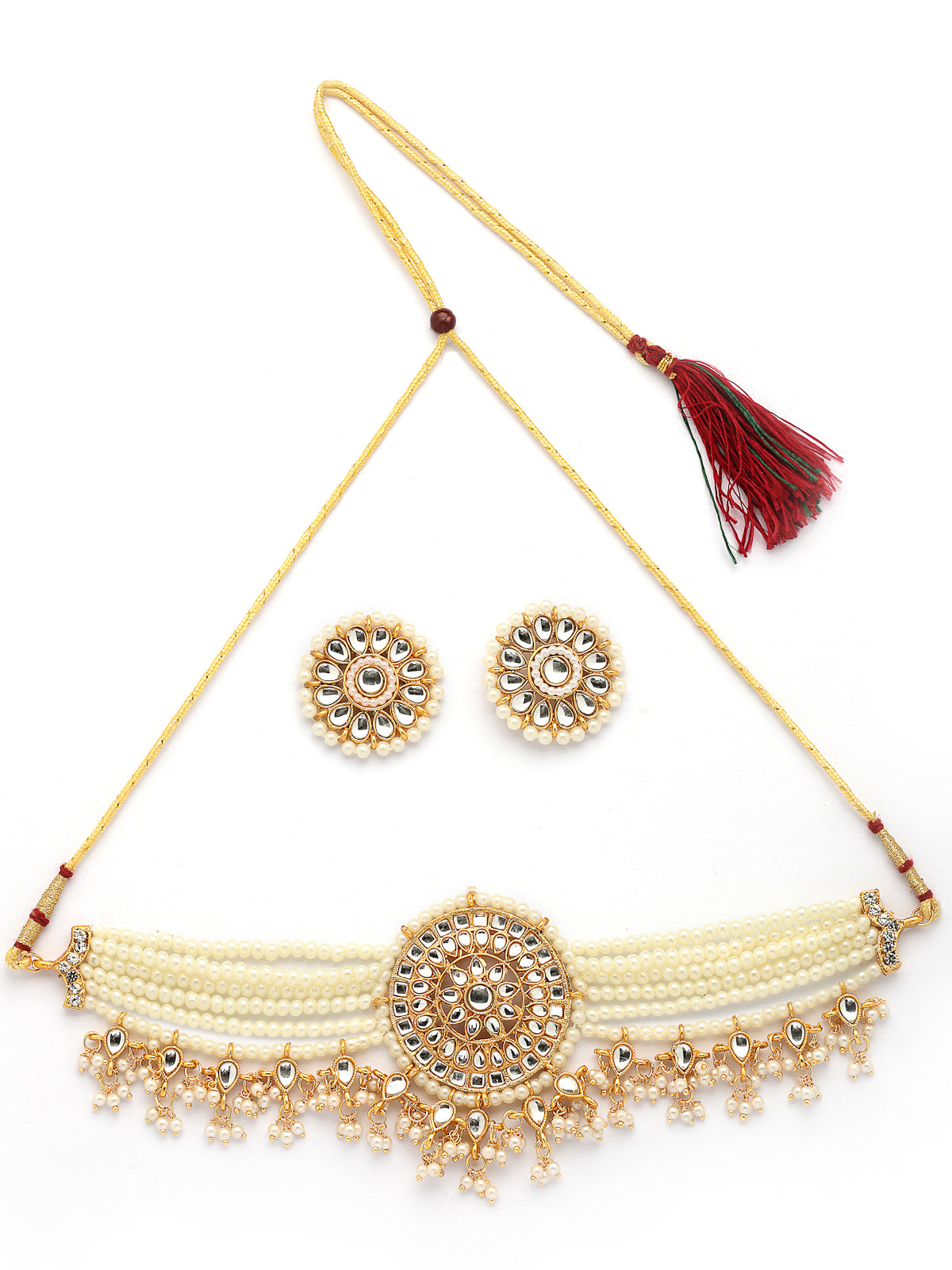 Sukkhi Classic Traditional Gold Tone Plated Kundan Studded Multistrand White Pearls Choker Necklace with Studs Earrings Jewellery Set For Women & Girls |NS107376